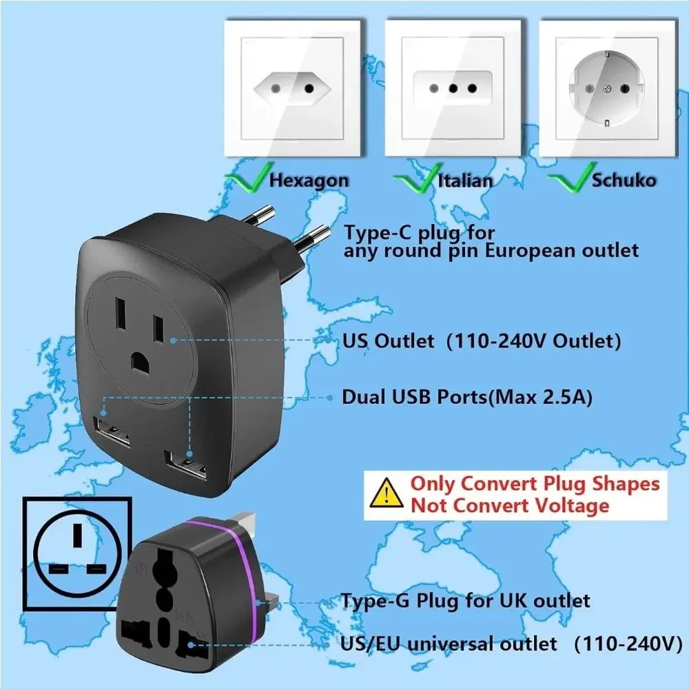 2 European Travel Plug Adapter International Power Outlet USB US to EU UK s3